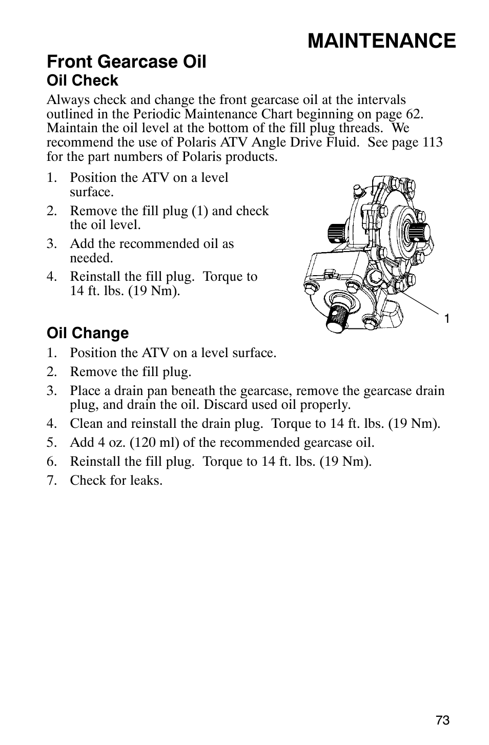 Maintenance, Front gearcase oil | Polaris Scrambler 9921298 User Manual | Page 76 / 129