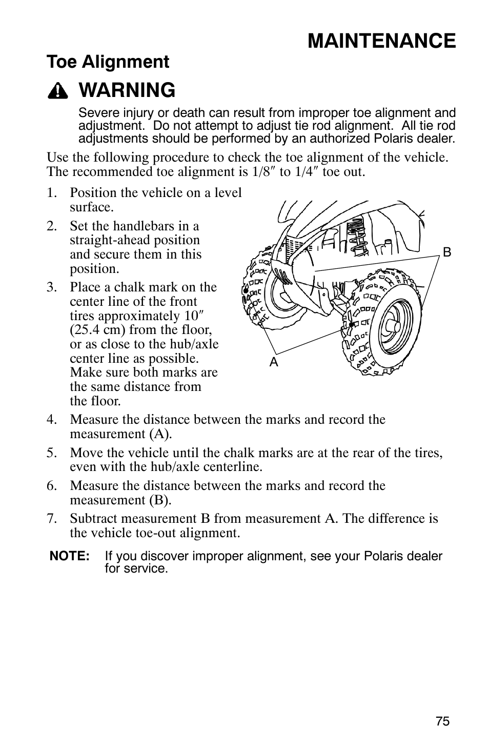 Maintenance, Warning, Toe alignment | Polaris Scrambler 9921298 User Manual | Page 78 / 129