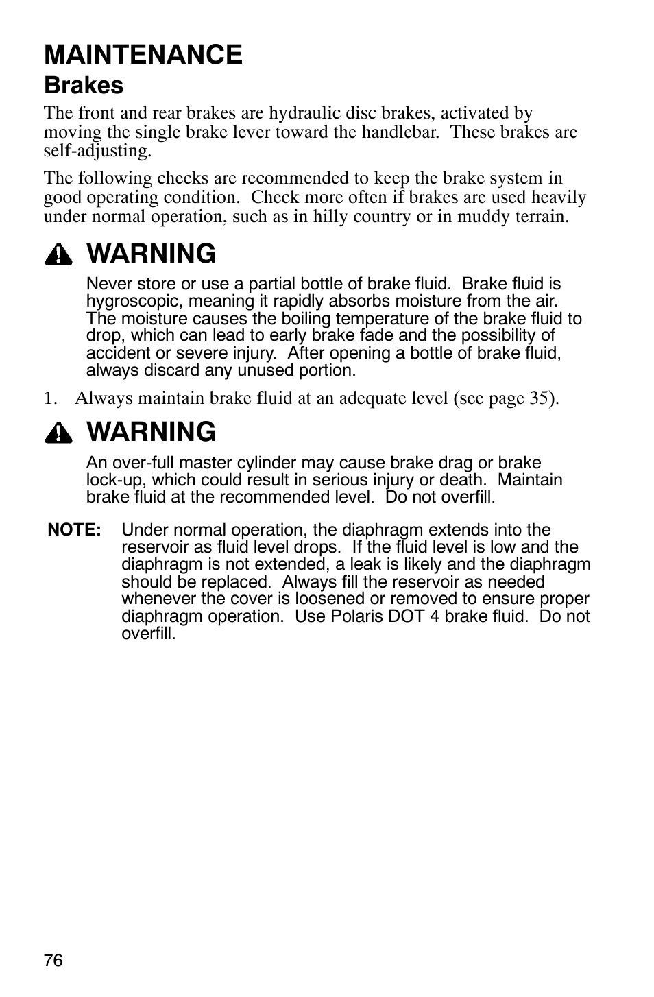 Maintenance, Warning, Brakes | Polaris Scrambler 9921298 User Manual | Page 79 / 129