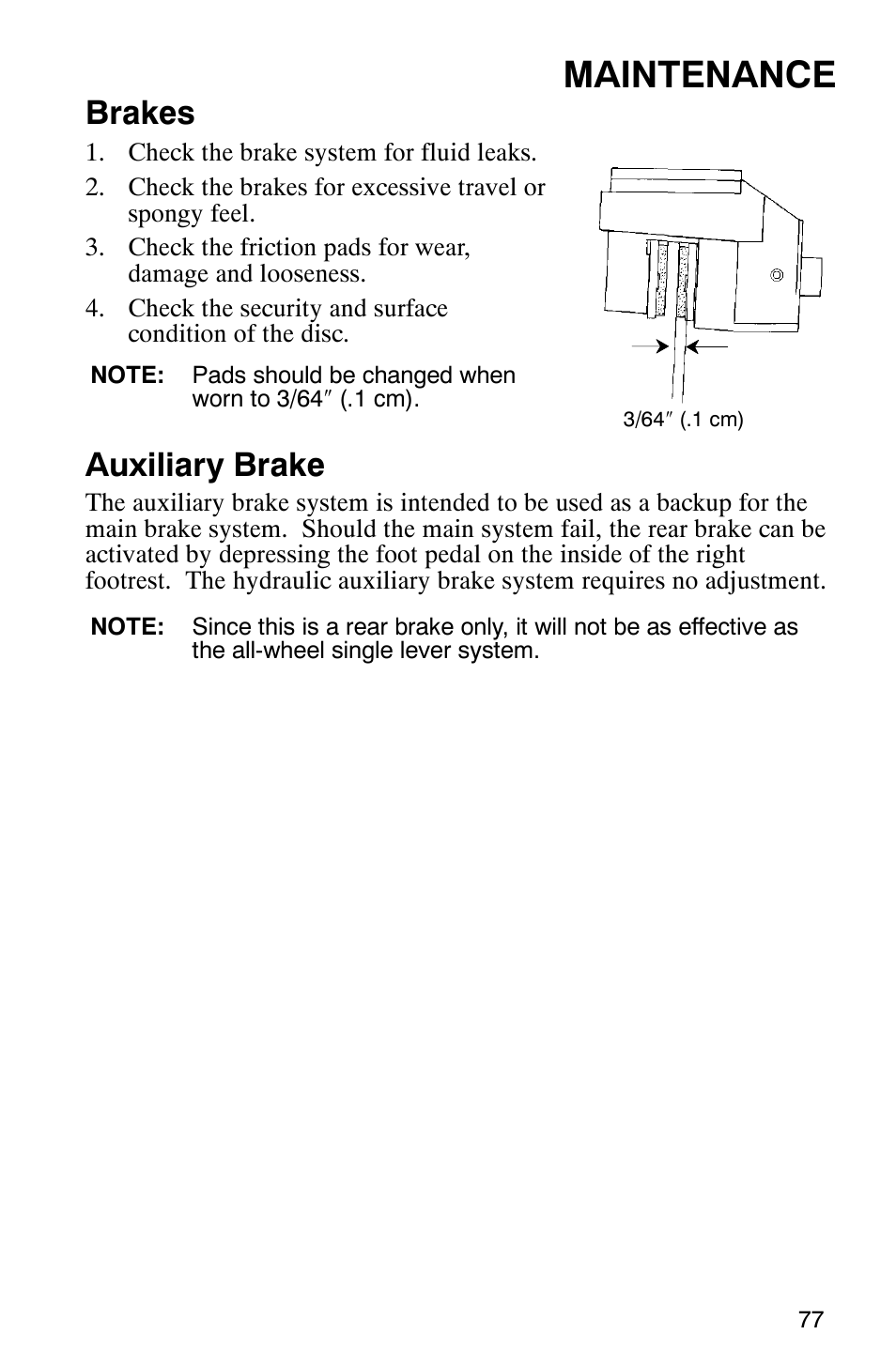 Maintenance, Brakes, Auxiliary brake | Polaris Scrambler 9921298 User Manual | Page 80 / 129