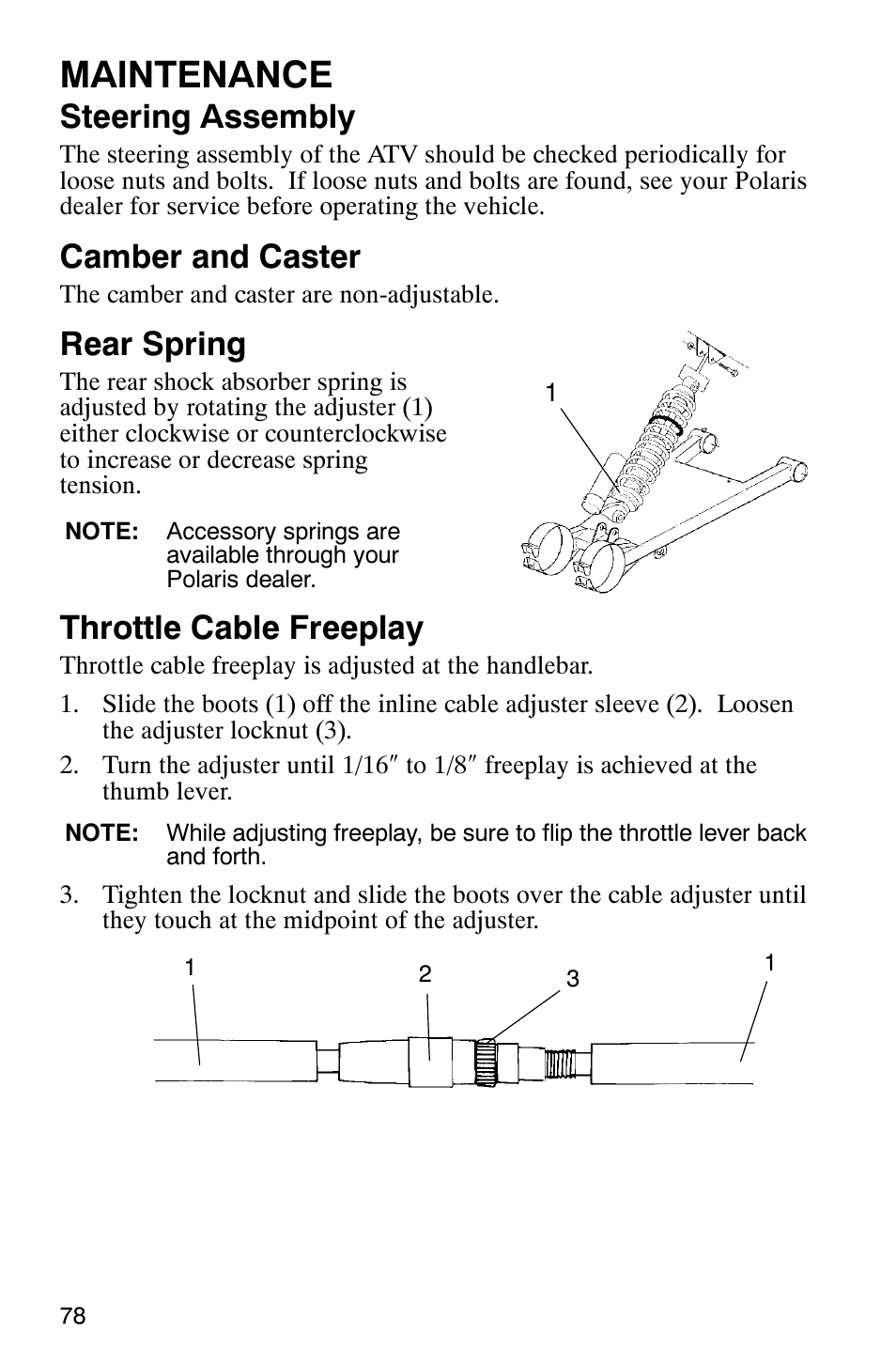 Maintenance, Steering assembly, Camber and caster | Rear spring, Throttle cable freeplay | Polaris Scrambler 9921298 User Manual | Page 81 / 129