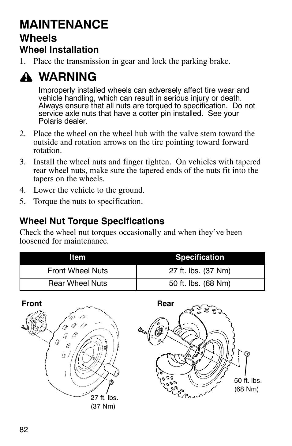 Maintenance, Warning, Wheels | Polaris Scrambler 9921298 User Manual | Page 85 / 129