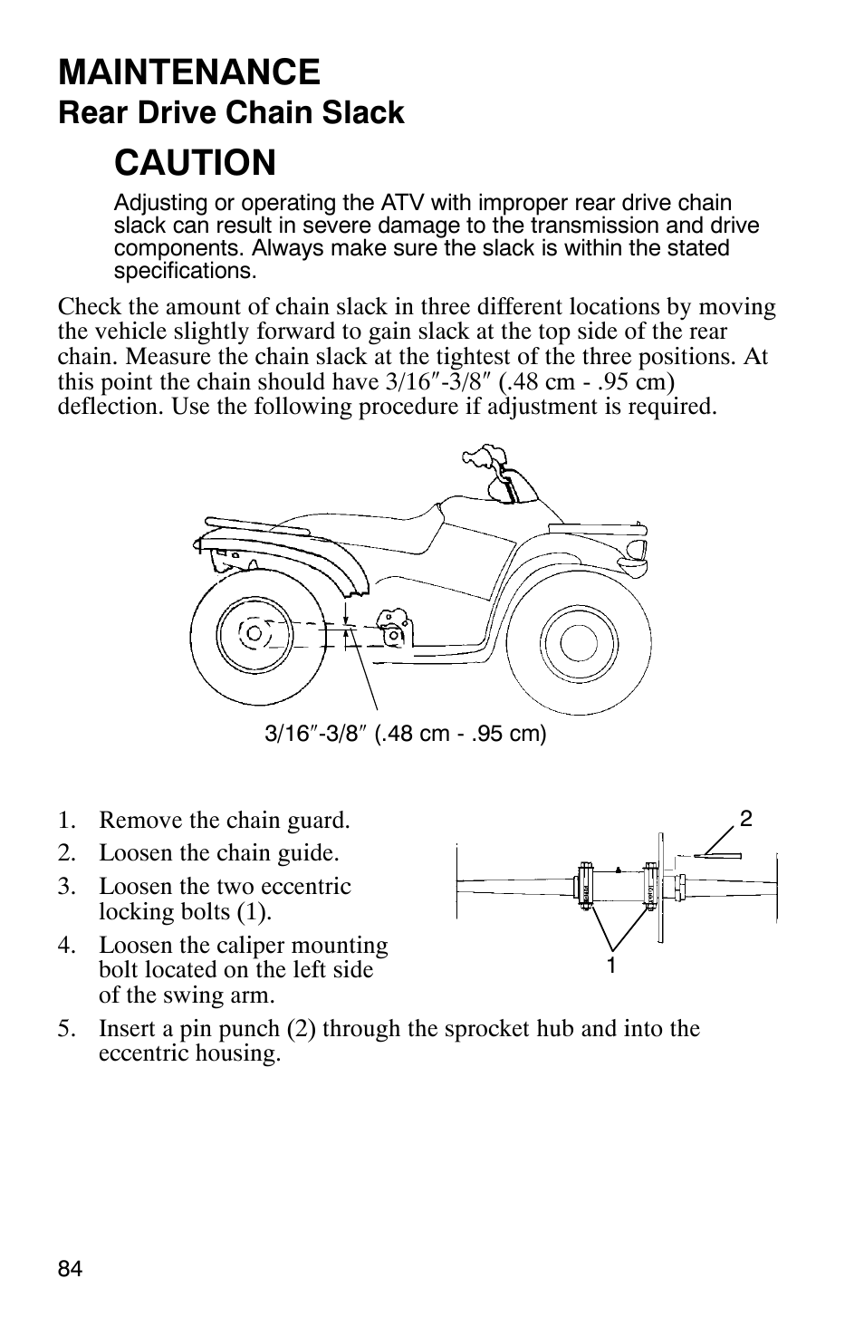 Maintenance, Caution, Rear drive chain slack | Polaris Scrambler 9921298 User Manual | Page 87 / 129