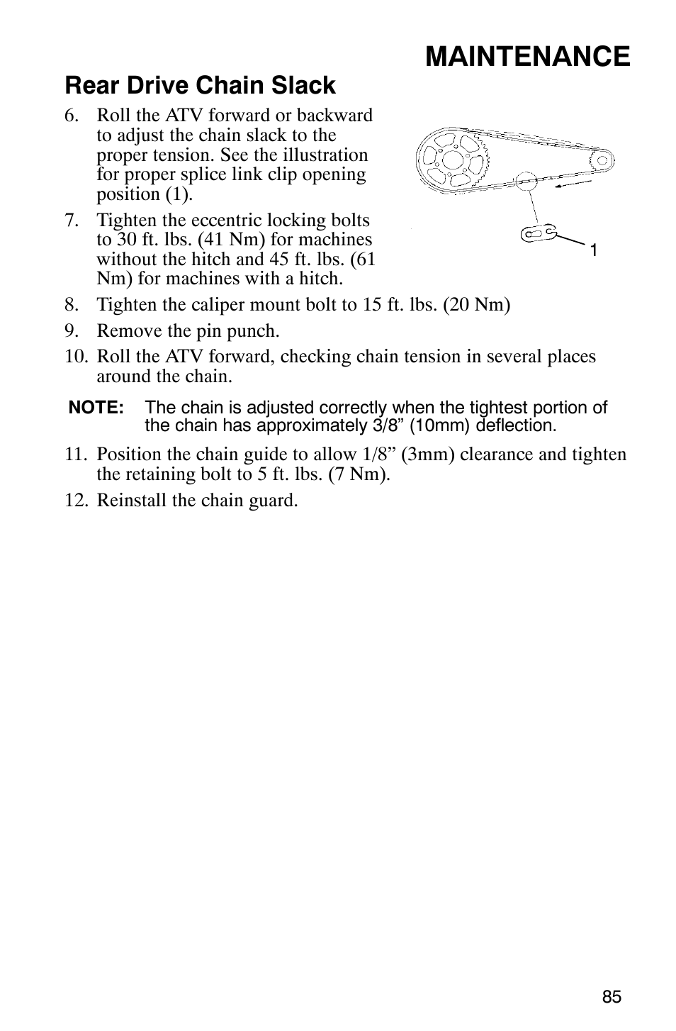 Maintenance, Rear drive chain slack | Polaris Scrambler 9921298 User Manual | Page 88 / 129