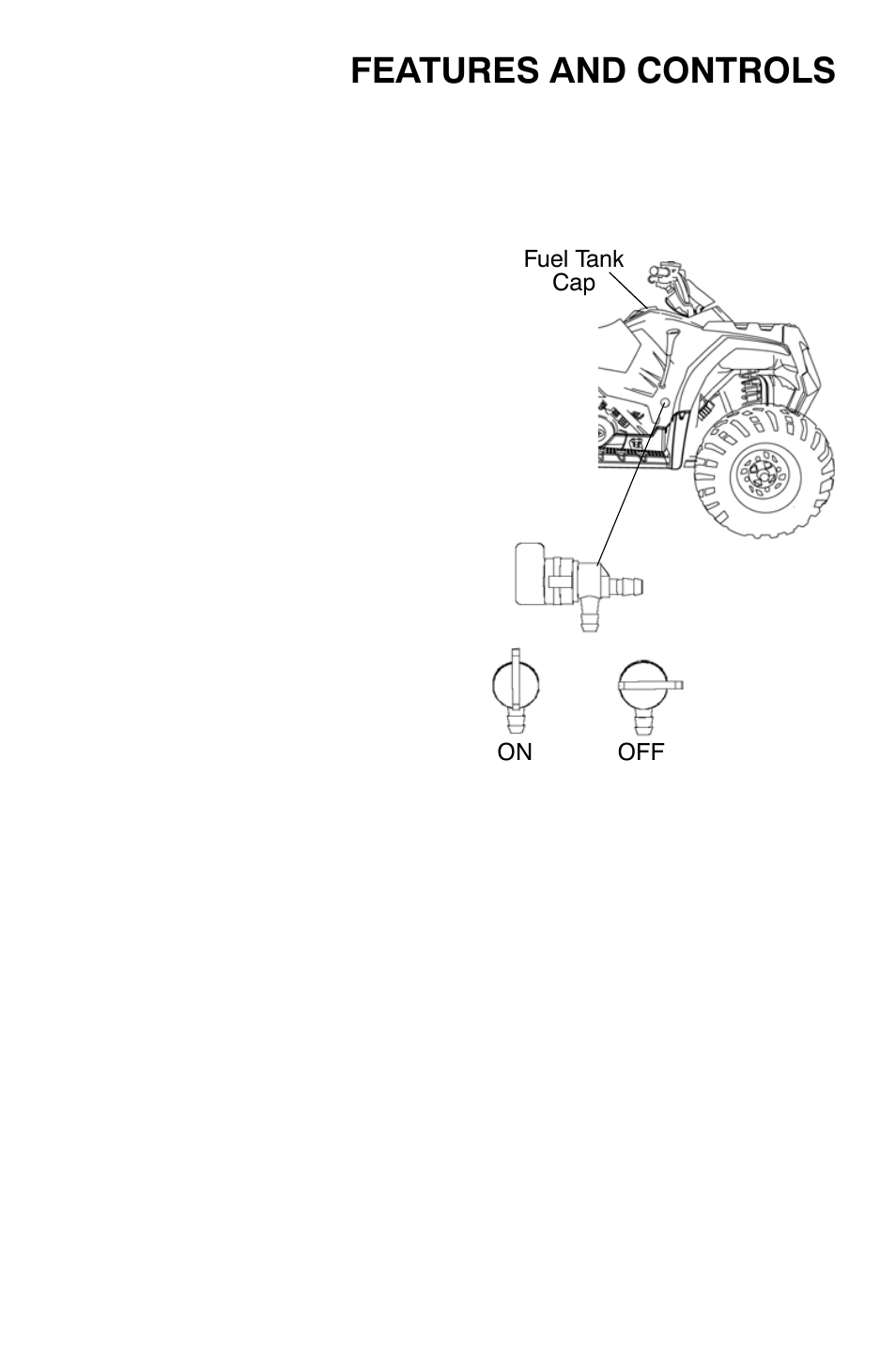 Features and controls, Choke, Fuel tank cap | Fuel valve, Fuel filter | Polaris Sportsman 9921818 User Manual | Page 36 / 126