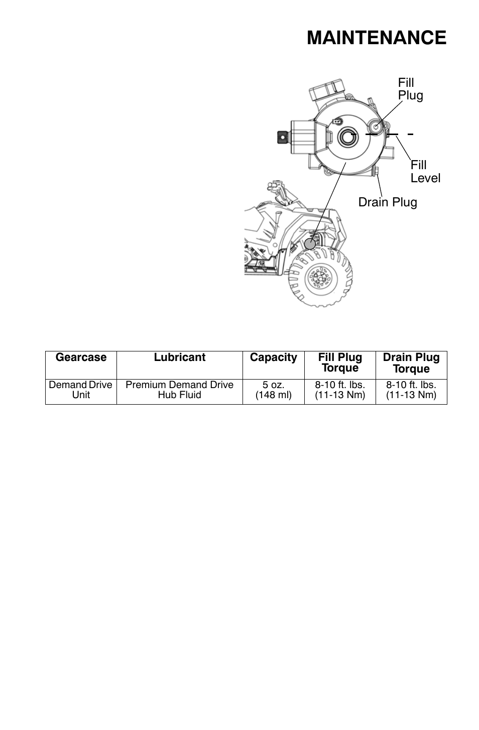 Maintenance, Front gearcase (demand drive) fluid, Demand drive fluid recommendations | Polaris Sportsman 9921818 User Manual | Page 76 / 126