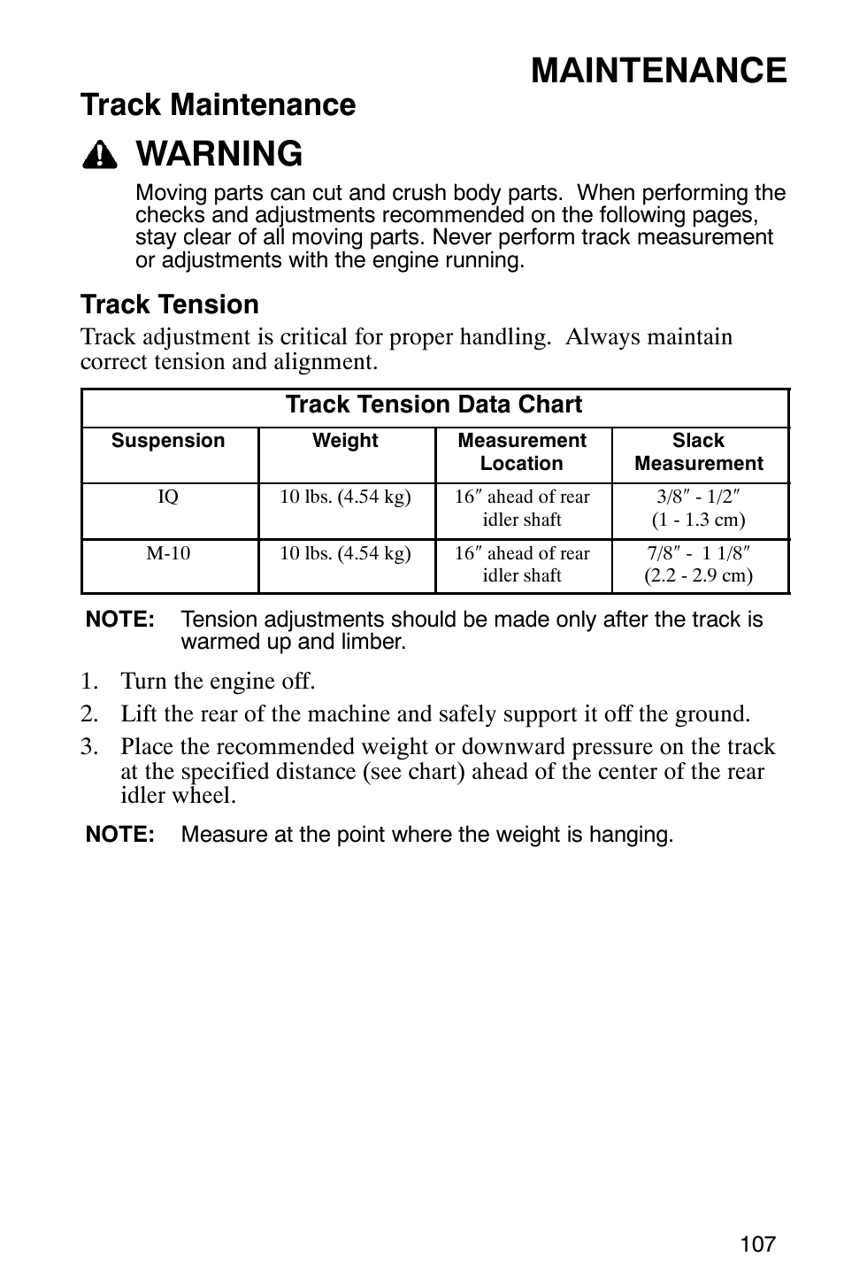Maintenance, Warning, Track maintenance | Track tension | Polaris 700 Fusion User Manual | Page 110 / 139