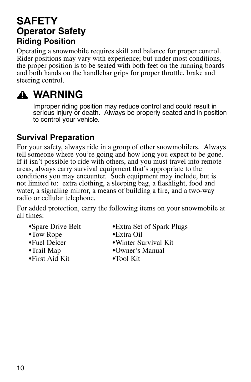 Safety, Warning, Operator safety | Polaris 700 Fusion User Manual | Page 13 / 139