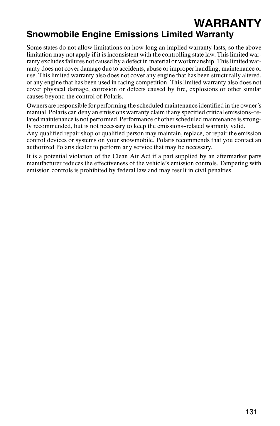 Warranty, Snowmobile engine emissions limited warranty | Polaris 700 Fusion User Manual | Page 134 / 139