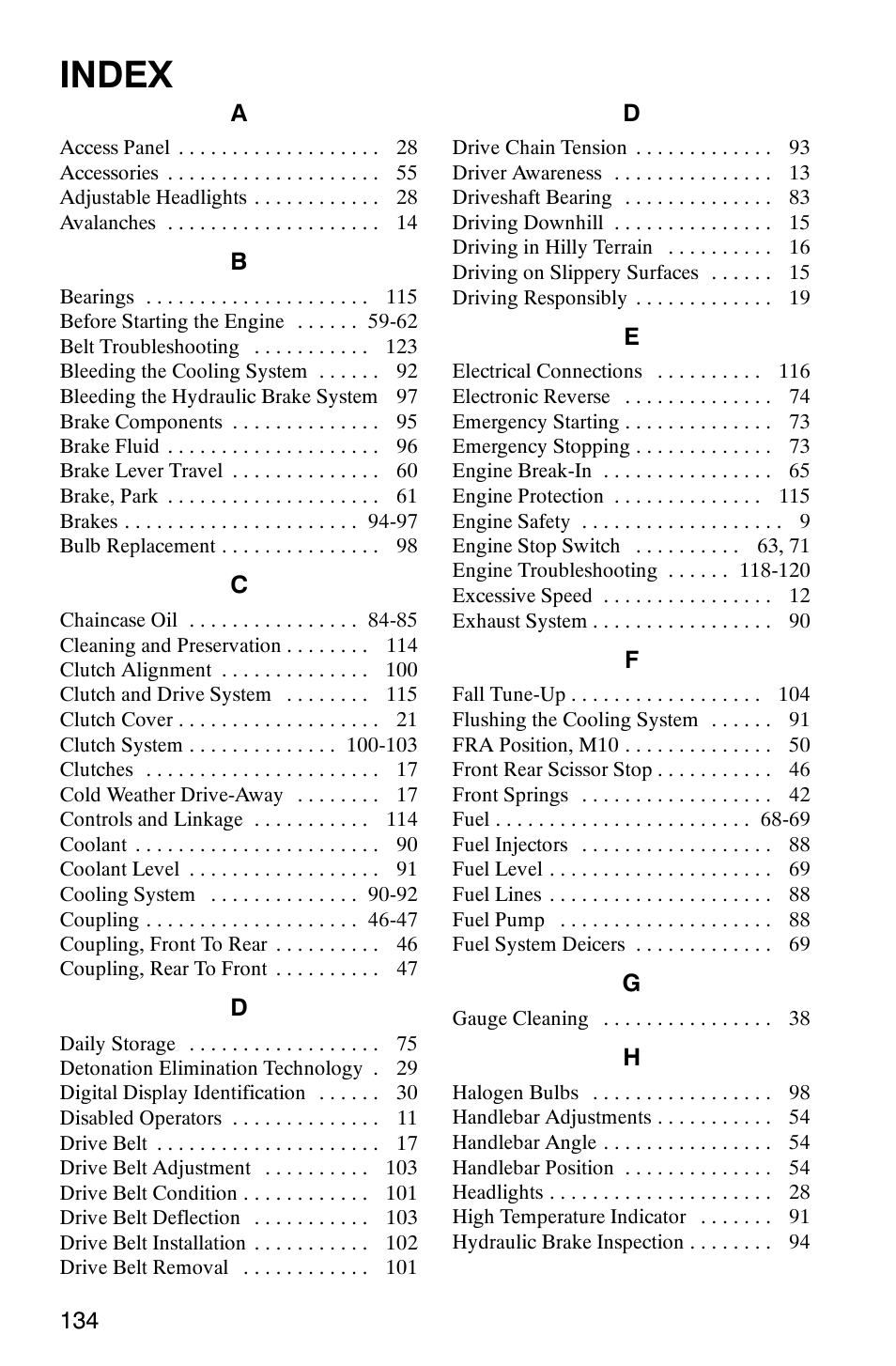 Index | Polaris 700 Fusion User Manual | Page 137 / 139