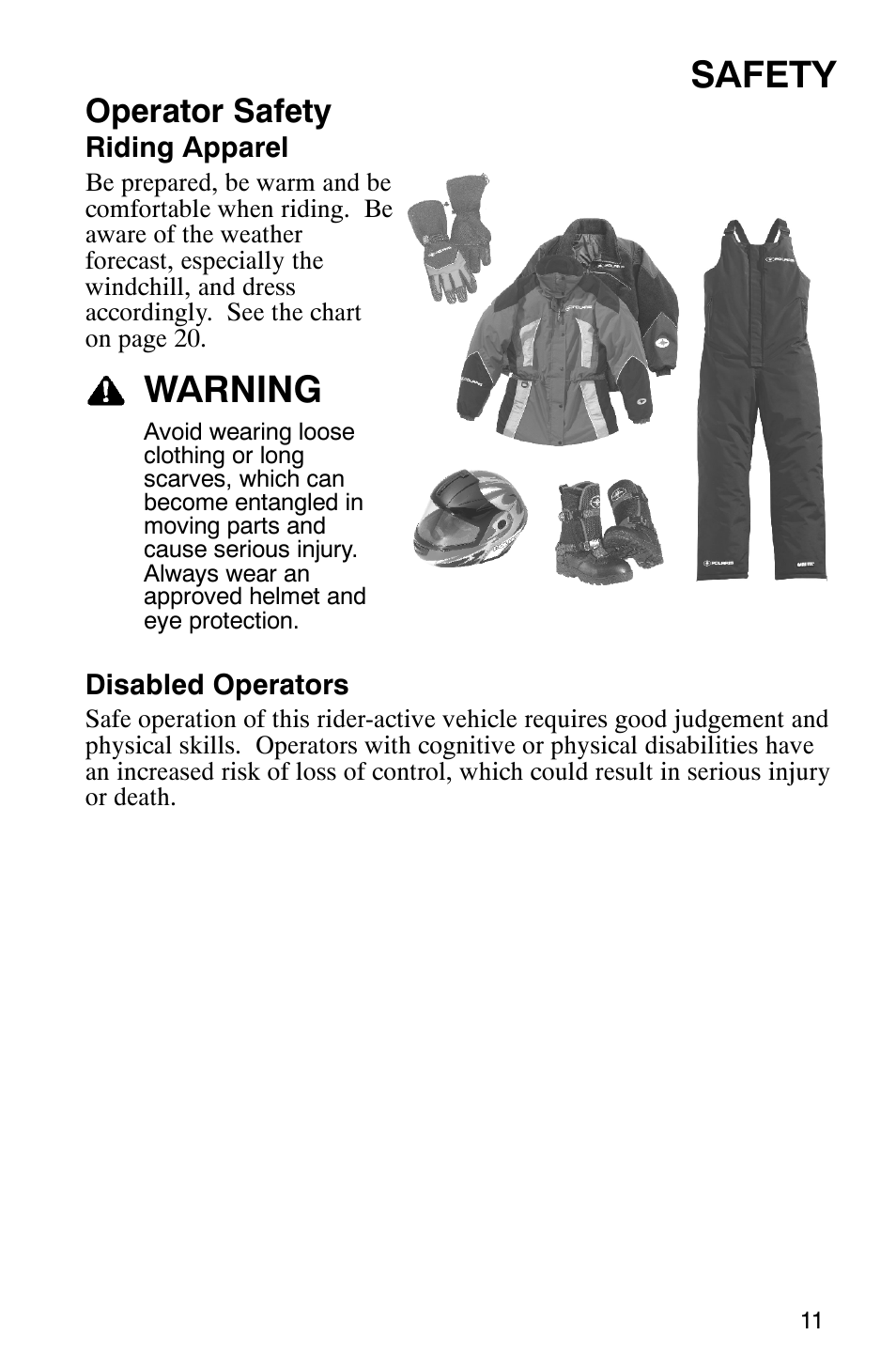 Safety, Warning, Operator safety | Polaris 700 Fusion User Manual | Page 14 / 139