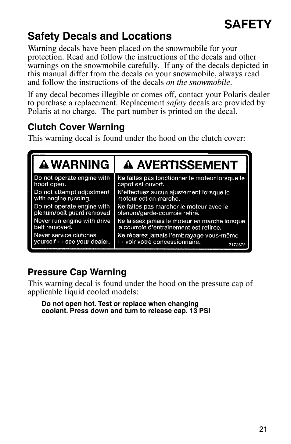 Safety, Safety decals and locations | Polaris 700 Fusion User Manual | Page 24 / 139