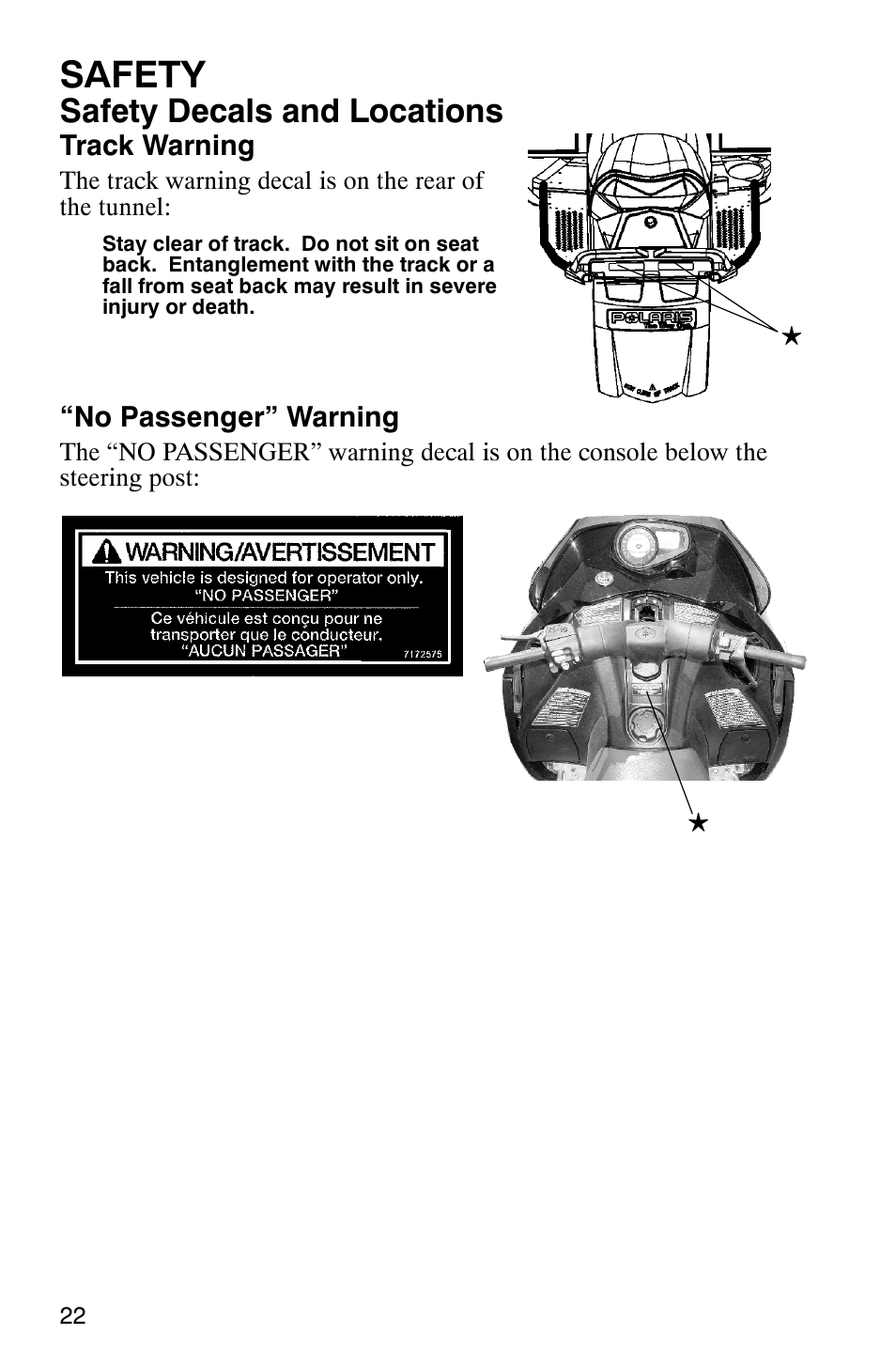 Safety, Safety decals and locations | Polaris 700 Fusion User Manual | Page 25 / 139