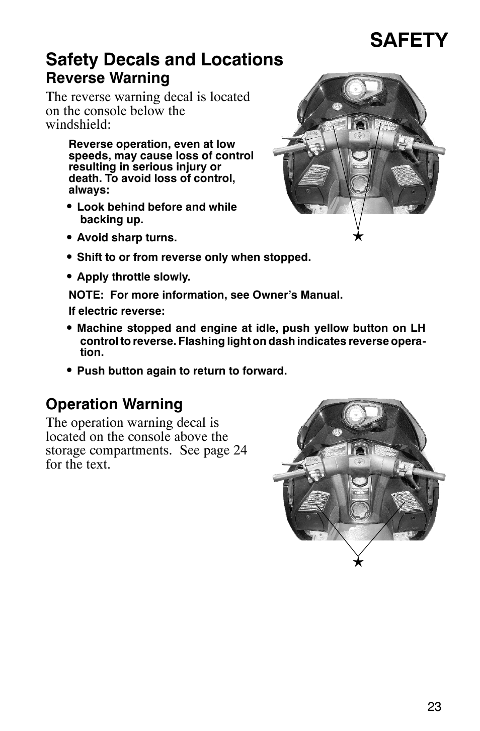 Safety, Safety decals and locations, Reverse warning | Operation warning | Polaris 700 Fusion User Manual | Page 26 / 139