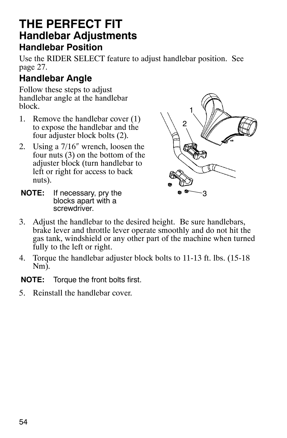 The perfect fit, Handlebar adjustments | Polaris 700 Fusion User Manual | Page 57 / 139