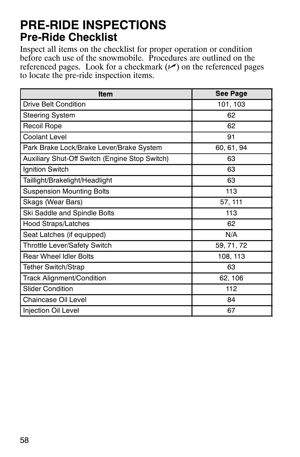 Pre-ride inspections, Pre-ride checklist | Polaris 700 Fusion User Manual | Page 61 / 139