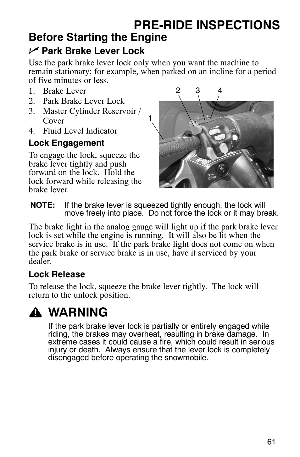 Pre-ride inspections, Warning, Before starting the engine n | Polaris 700 Fusion User Manual | Page 64 / 139