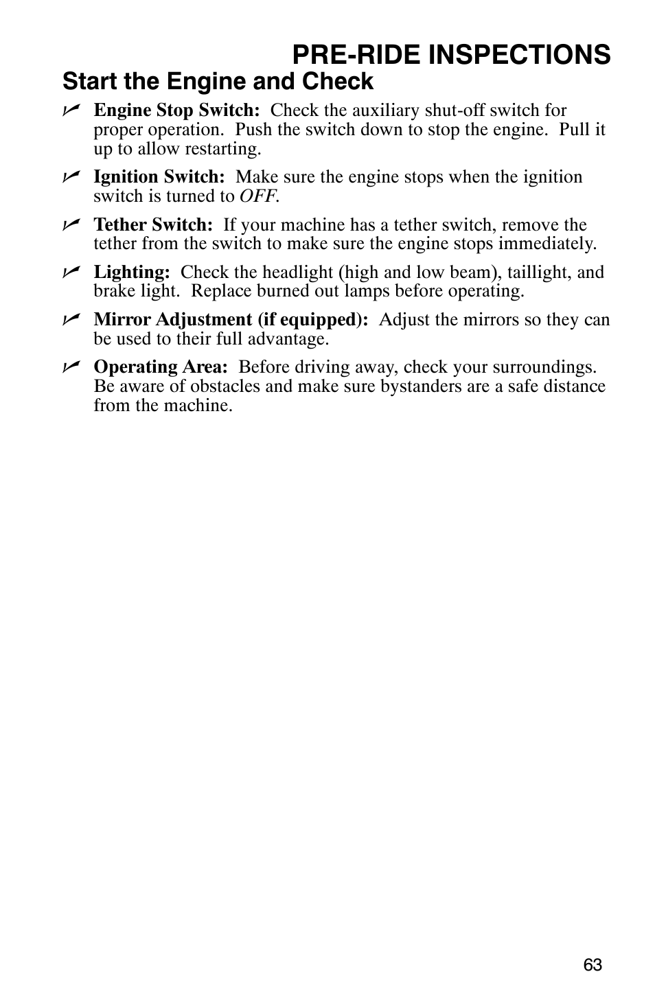 Pre-ride inspections, Start the engine and check | Polaris 700 Fusion User Manual | Page 66 / 139