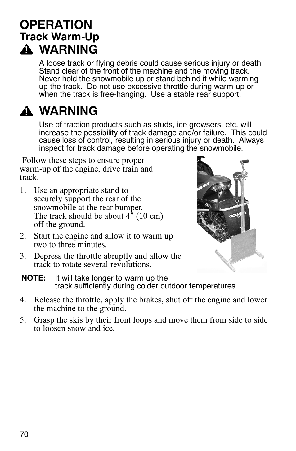 Operation, Warning, Track warm-up | Polaris 700 Fusion User Manual | Page 73 / 139