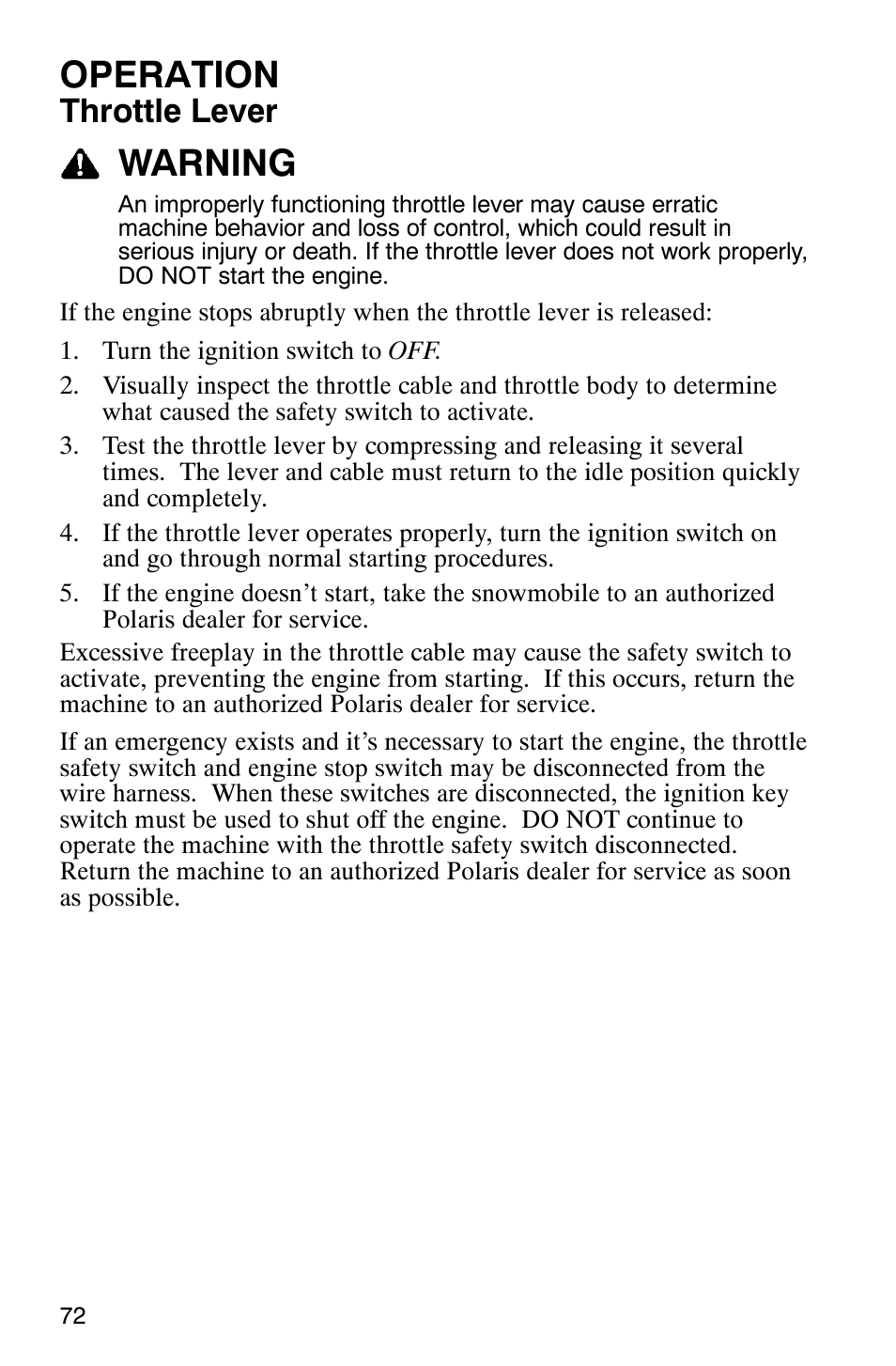 Operation, Warning, Throttle lever | Polaris 700 Fusion User Manual | Page 75 / 139