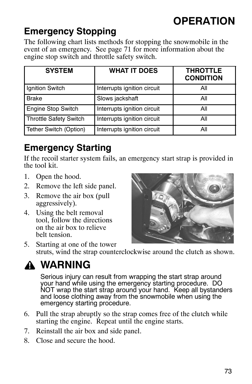 Operation, Warning, Emergency stopping | Emergency starting | Polaris 700 Fusion User Manual | Page 76 / 139