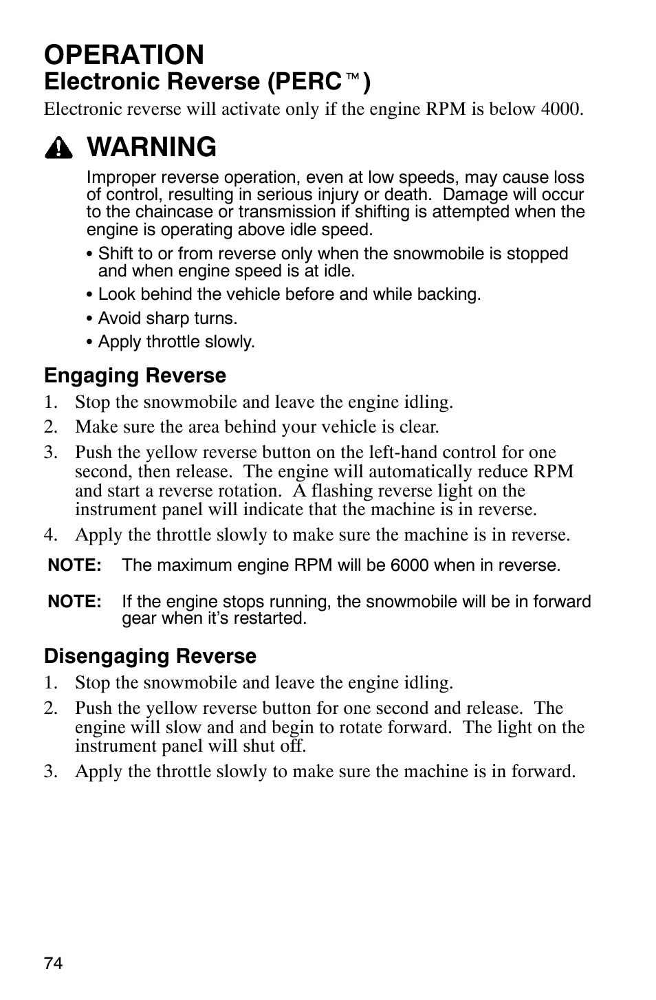 Operation, Warning, Electronic reverse (perc t ) | Polaris 700 Fusion User Manual | Page 77 / 139