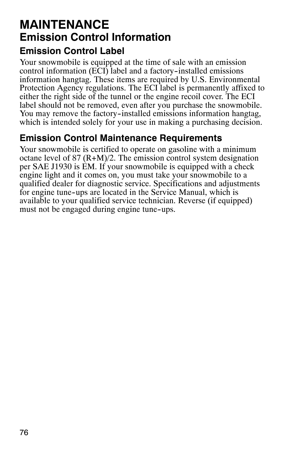 Maintenance, Emission control information | Polaris 700 Fusion User Manual | Page 79 / 139