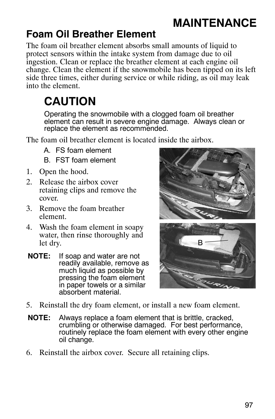 Maintenance, Caution, Foam oil breather element | Polaris FST Touring User Manual | Page 100 / 157