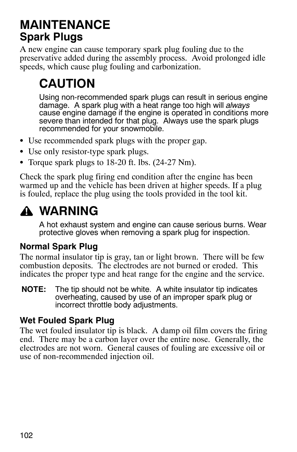 Maintenance, Caution, Warning | Spark plugs | Polaris FST Touring User Manual | Page 105 / 157