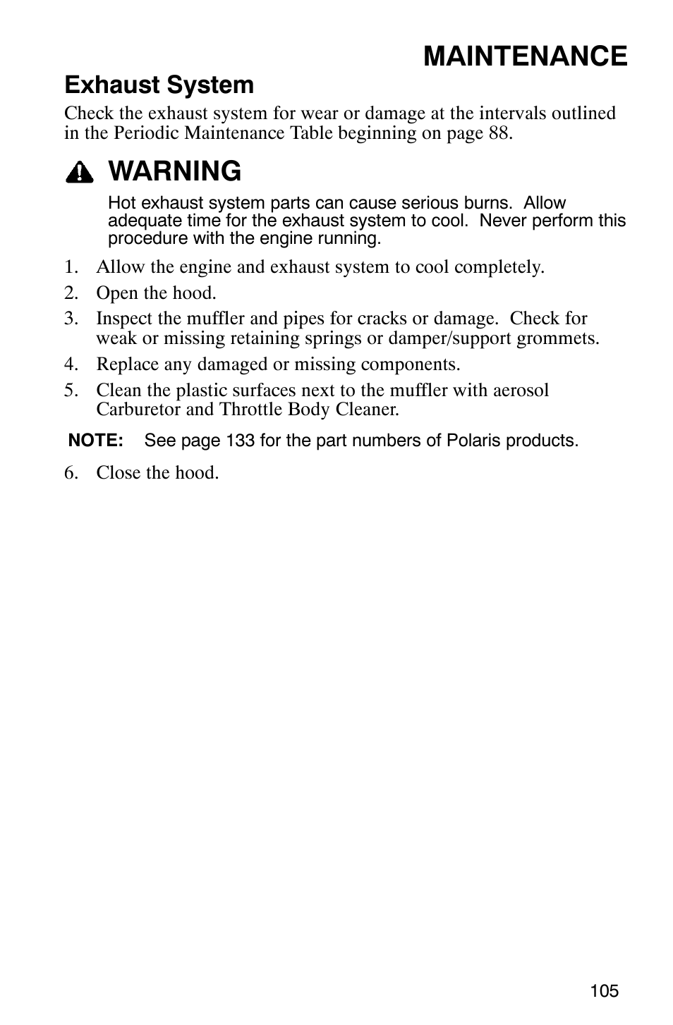 Maintenance, Warning, Exhaust system | Polaris FST Touring User Manual | Page 108 / 157