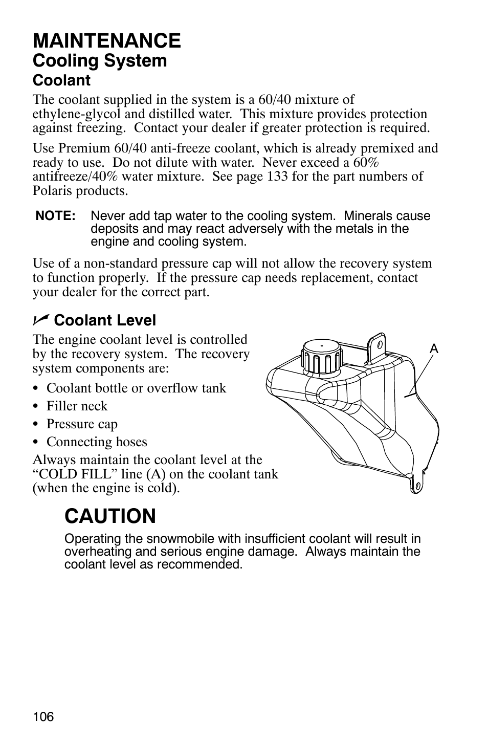 Maintenance, Caution, Cooling system | Polaris FST Touring User Manual | Page 109 / 157
