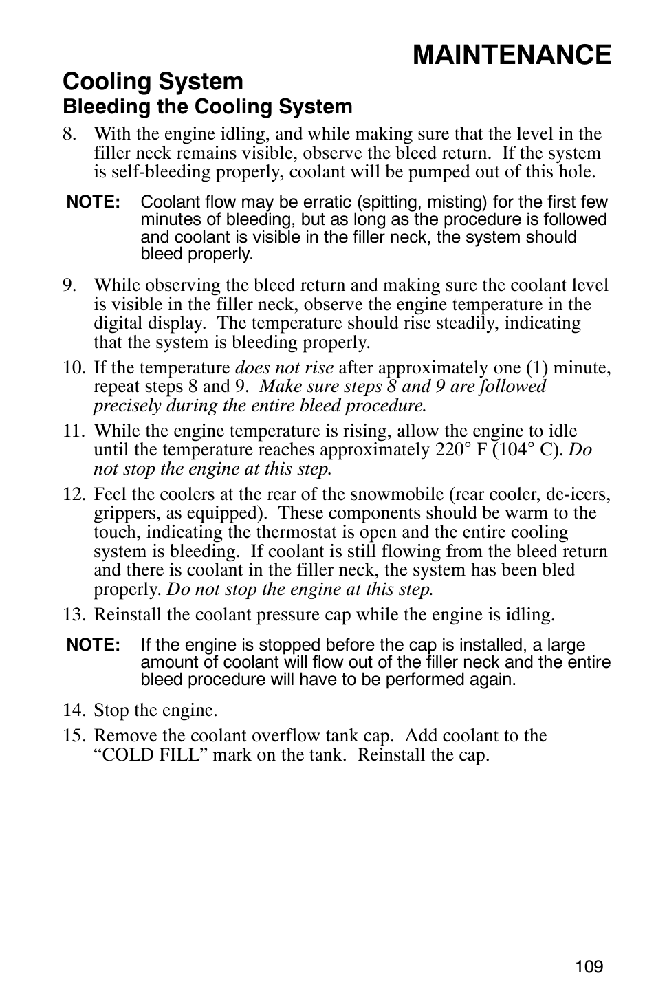 Maintenance, Cooling system | Polaris FST Touring User Manual | Page 112 / 157