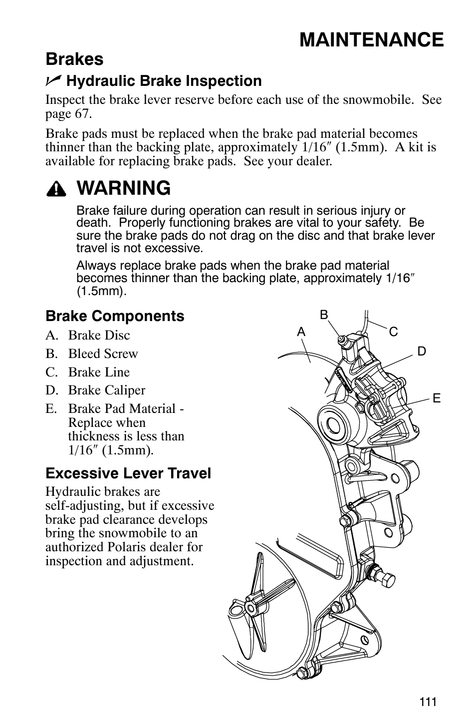 Maintenance, Warning, Brakes n | Polaris FST Touring User Manual | Page 114 / 157