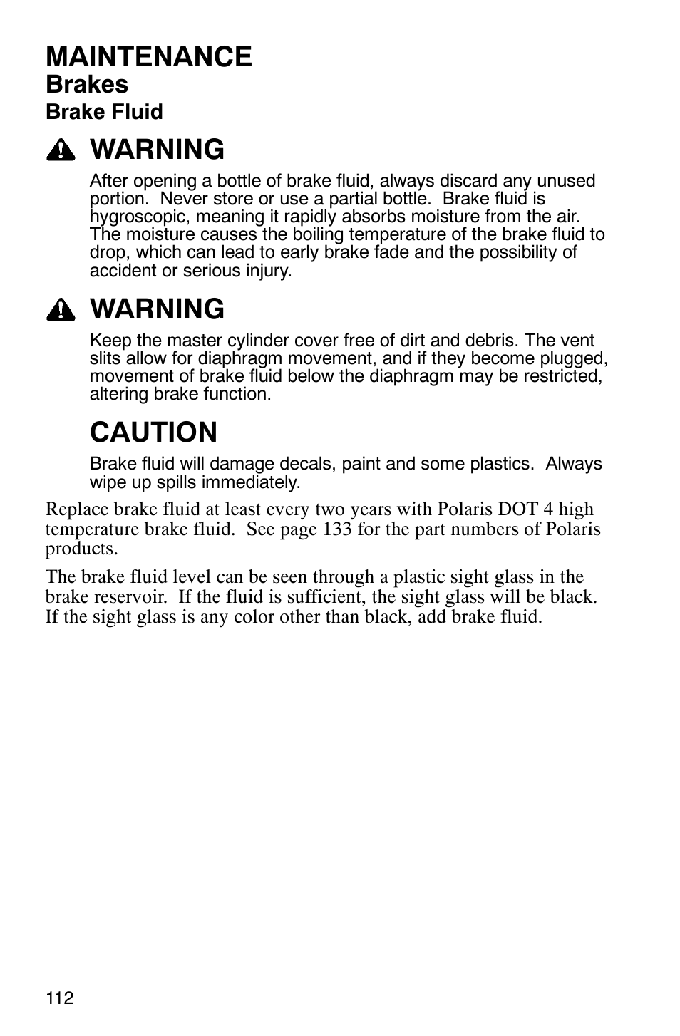 Maintenance, Warning, Caution | Brakes | Polaris FST Touring User Manual | Page 115 / 157