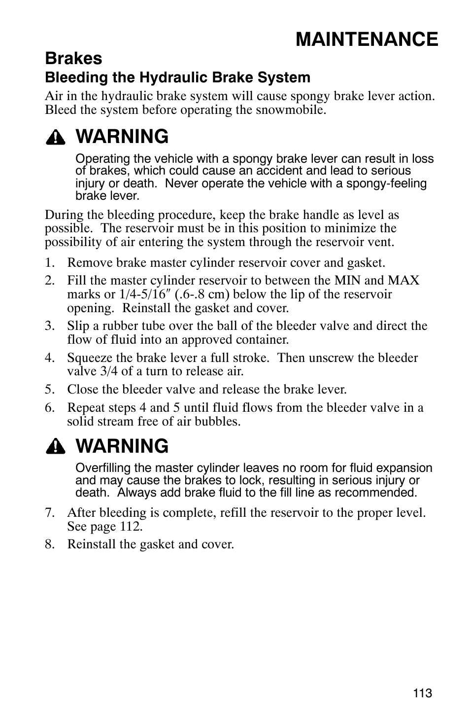 Maintenance, Warning, Brakes | Polaris FST Touring User Manual | Page 116 / 157