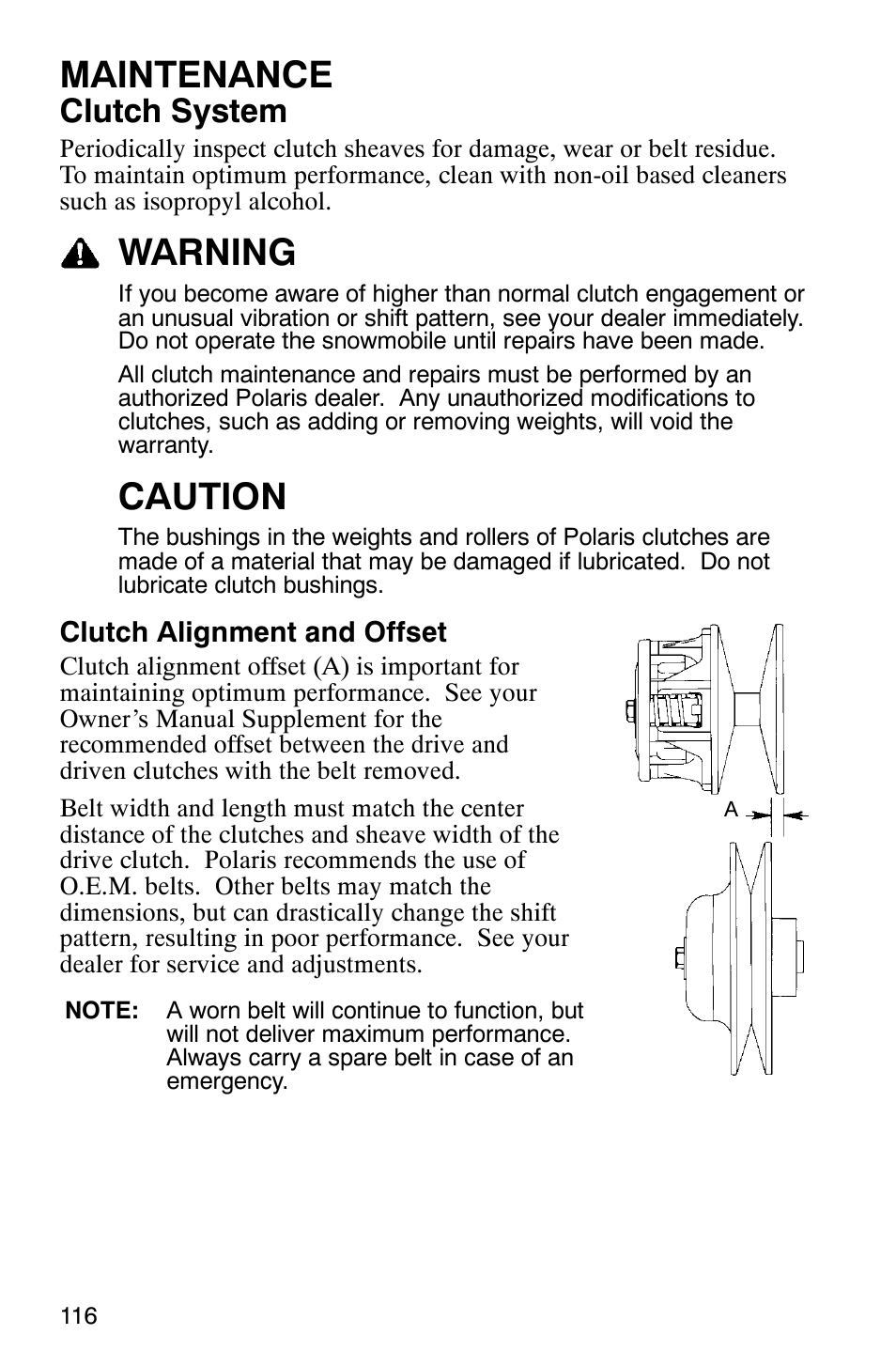 Maintenance, Warning, Caution | Clutch system | Polaris FST Touring User Manual | Page 119 / 157