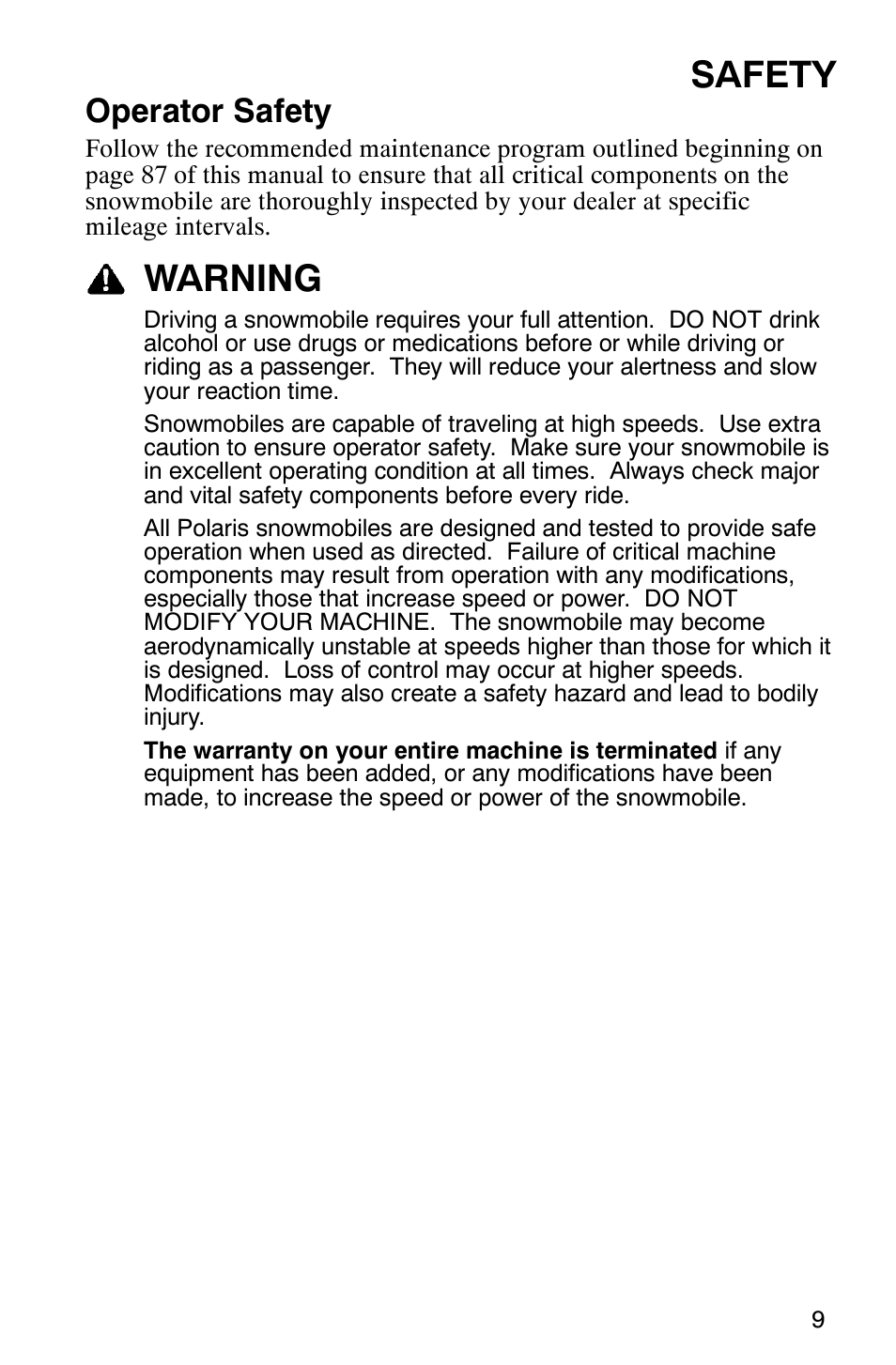 Safety, Warning, Operator safety | Polaris FST Touring User Manual | Page 12 / 157