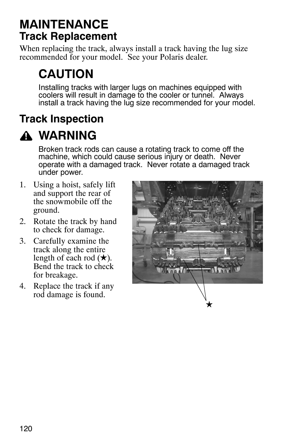 Maintenance, Caution, Warning | Track replacement, Track inspection | Polaris FST Touring User Manual | Page 123 / 157