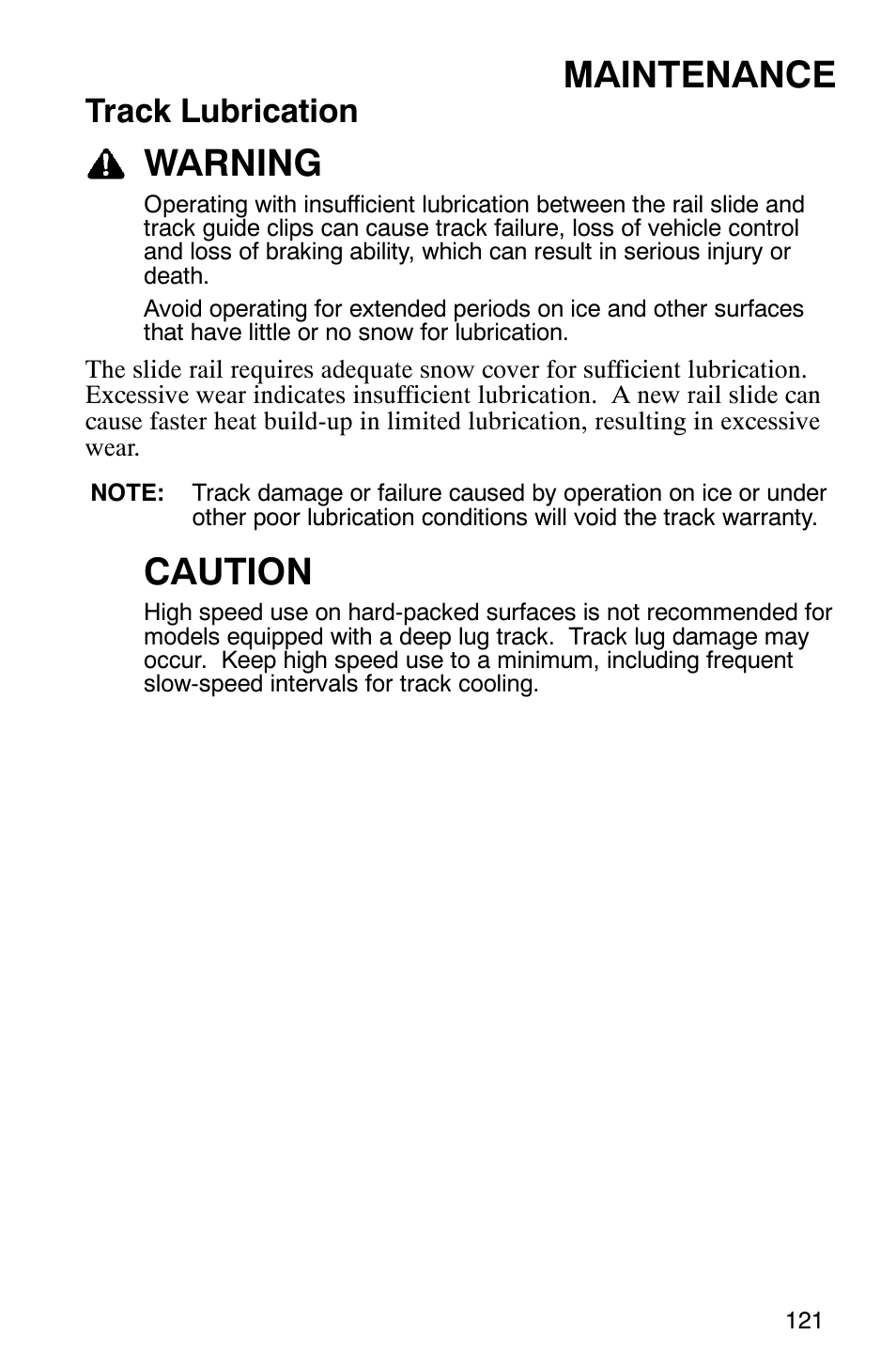 Maintenance, Warning, Caution | Track lubrication | Polaris FST Touring User Manual | Page 124 / 157