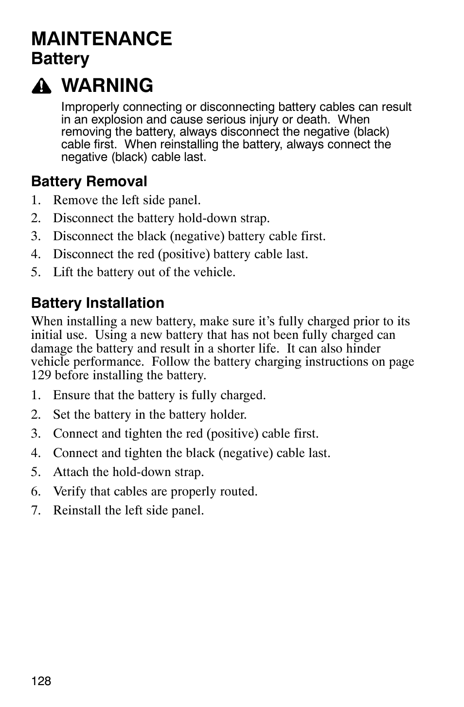 Maintenance, Warning, Battery | Polaris FST Touring User Manual | Page 131 / 157