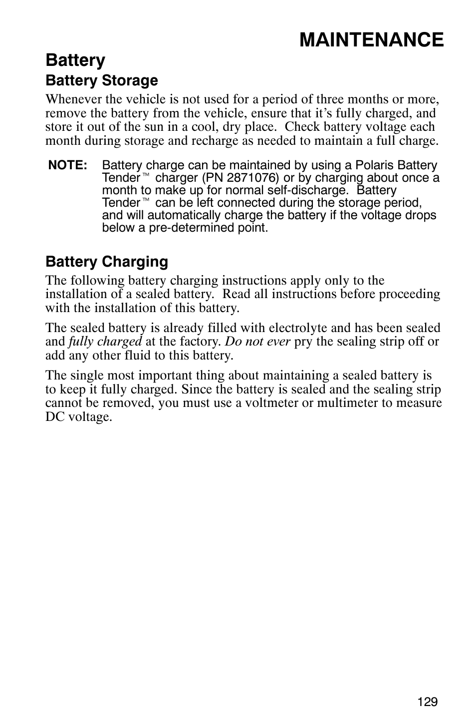 Maintenance, Battery | Polaris FST Touring User Manual | Page 132 / 157