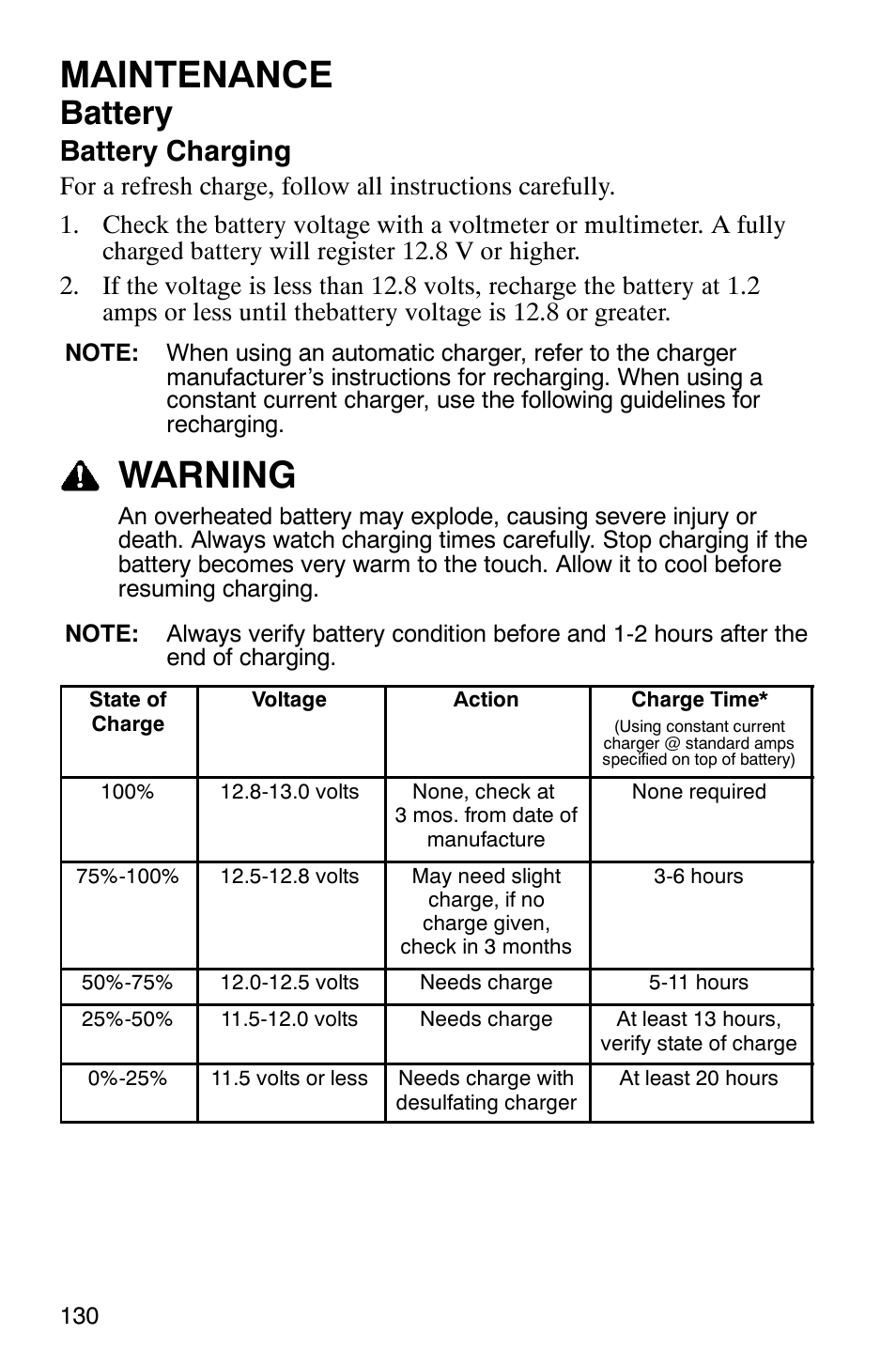 Maintenance, Warning, Battery | Battery charging | Polaris FST Touring User Manual | Page 133 / 157