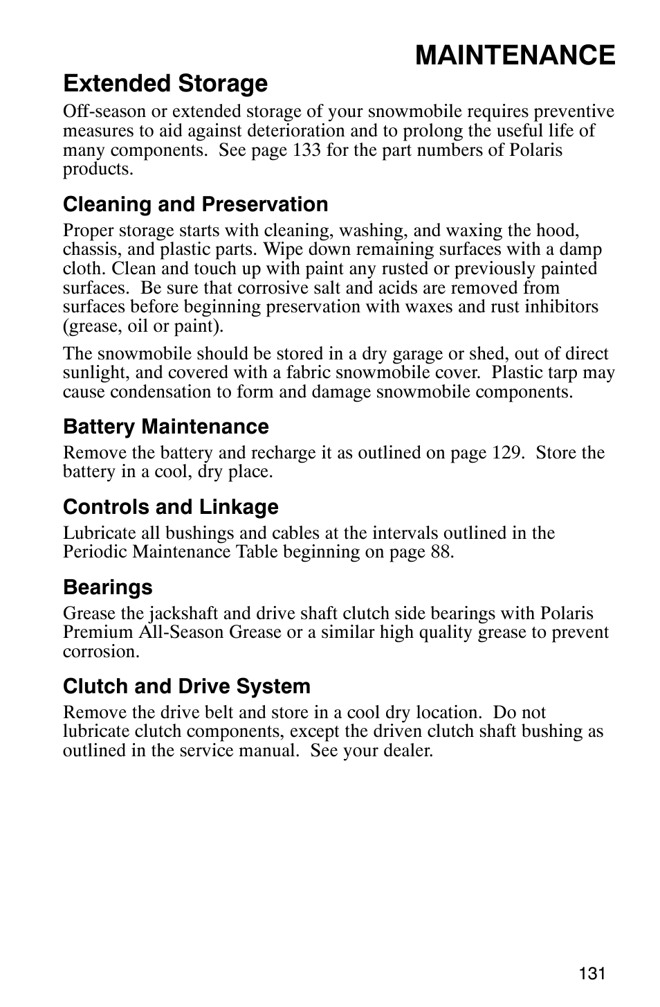 Maintenance, Extended storage | Polaris FST Touring User Manual | Page 134 / 157