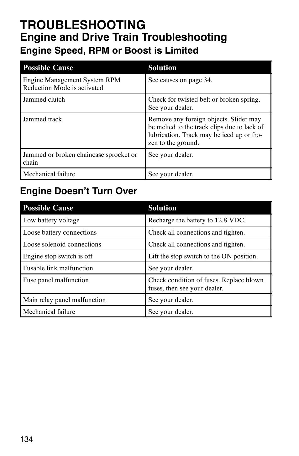 Troubleshooting, Engine and drive train troubleshooting, Engine speed, rpm or boost is limited | Engine doesn’t turn over | Polaris FST Touring User Manual | Page 137 / 157