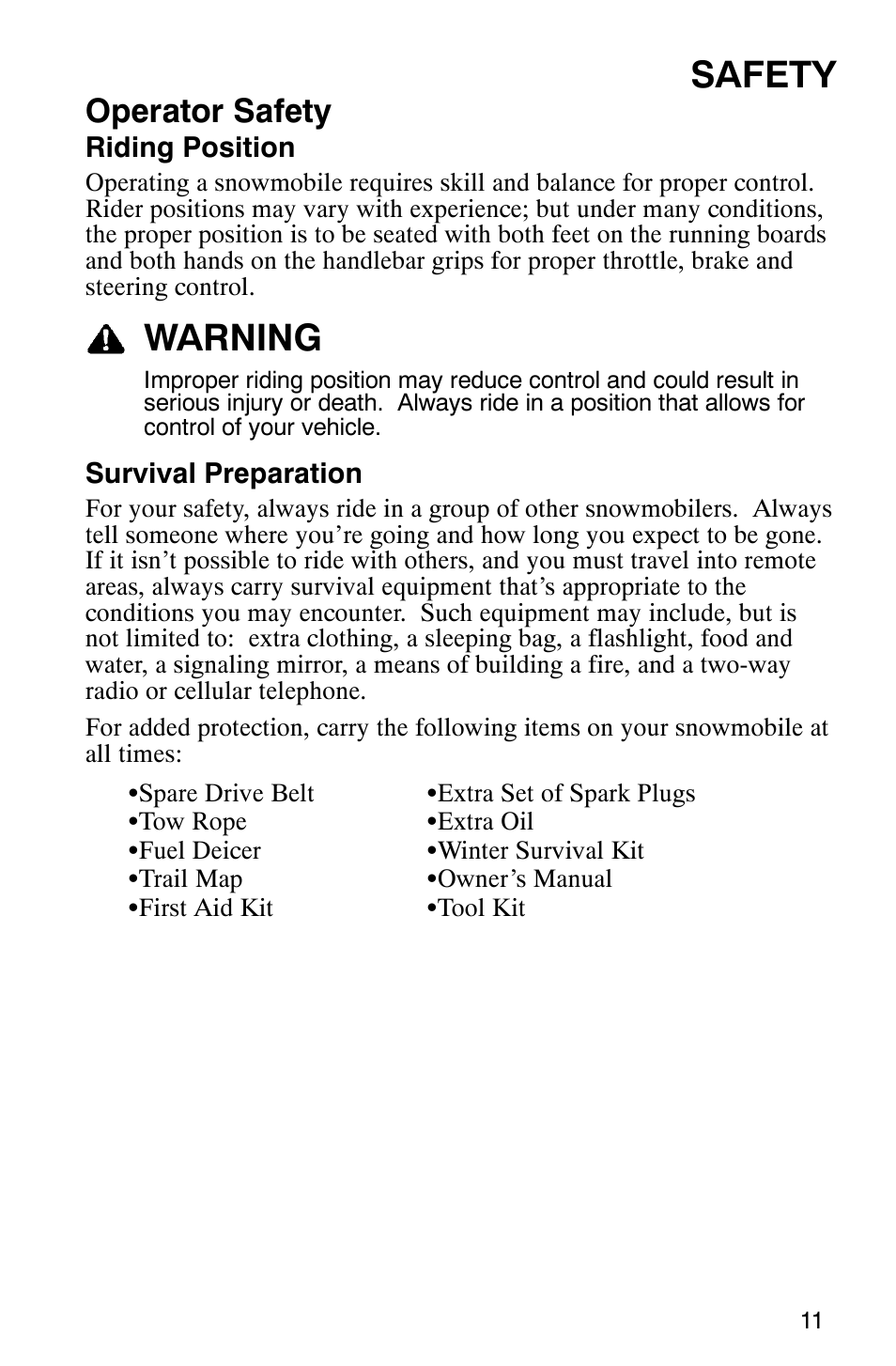 Safety, Warning, Operator safety | Polaris FST Touring User Manual | Page 14 / 157