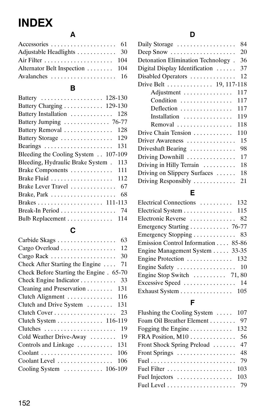 Index | Polaris FST Touring User Manual | Page 155 / 157
