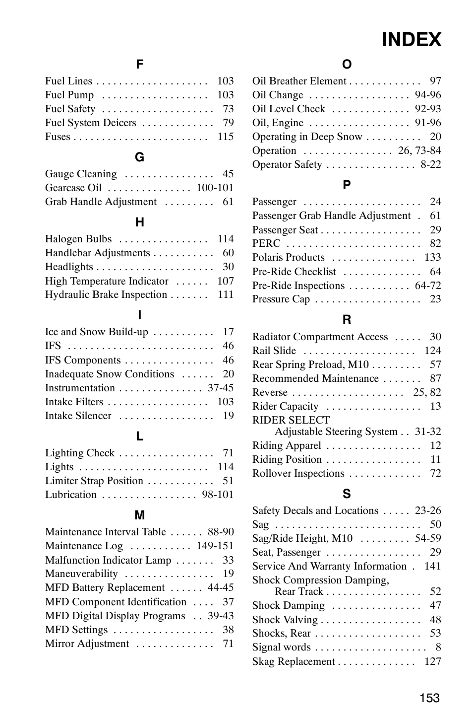Index | Polaris FST Touring User Manual | Page 156 / 157