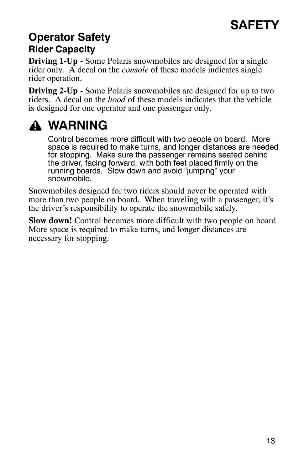 Safety, Warning, Operator safety | Polaris FST Touring User Manual | Page 16 / 157