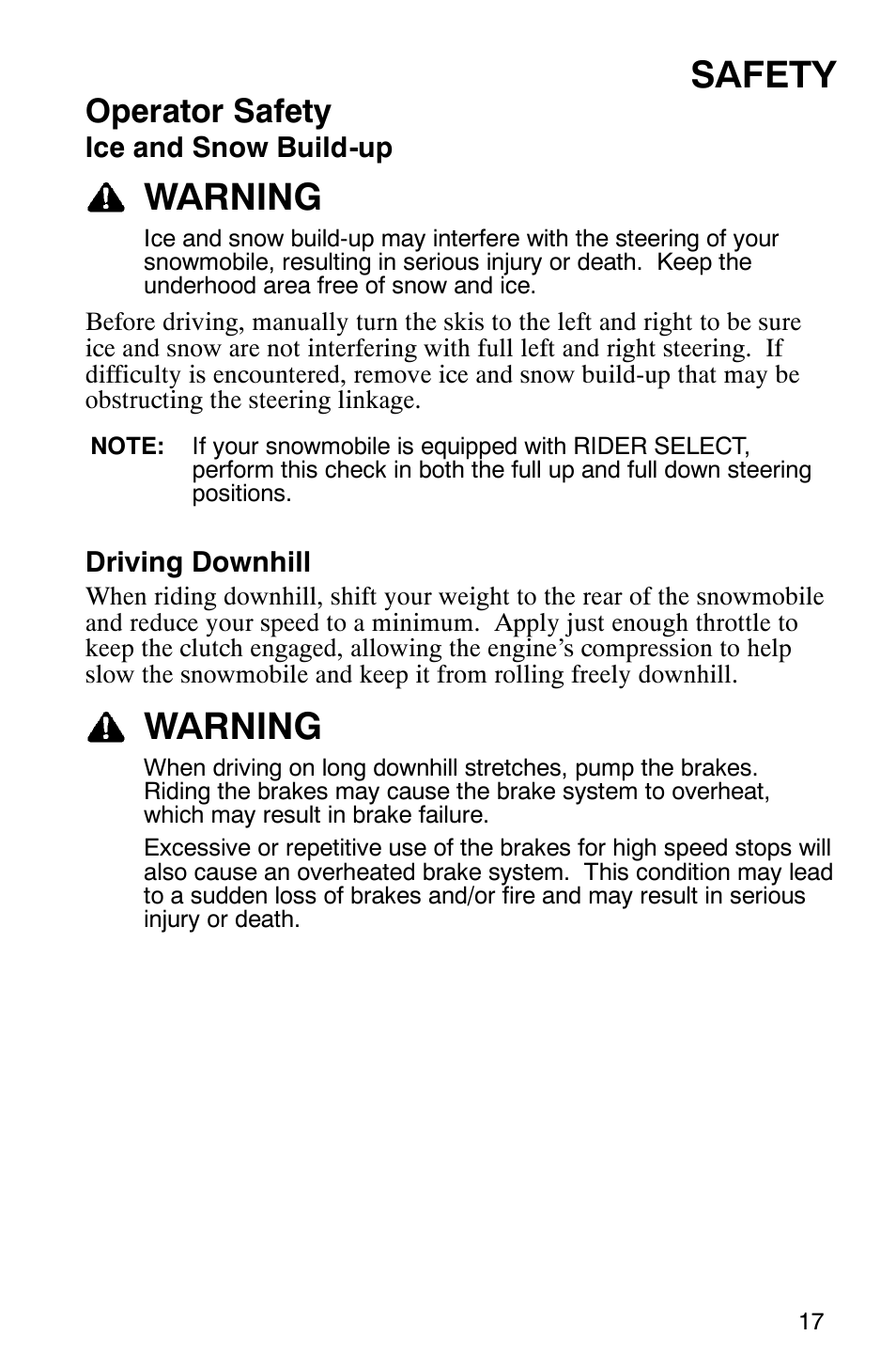 Safety, Warning, Operator safety | Polaris FST Touring User Manual | Page 20 / 157