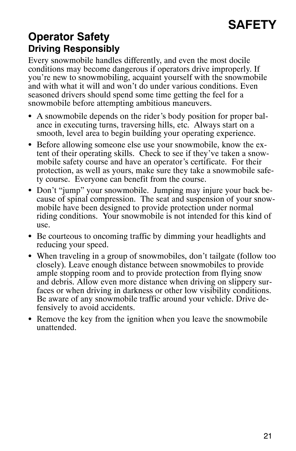 Safety, Operator safety | Polaris FST Touring User Manual | Page 24 / 157